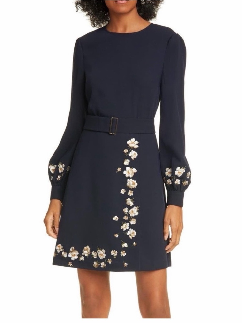 Ted Baker London Navy embroidered Floral-Belted Long Sleeve Dress 2 (US 4-6)